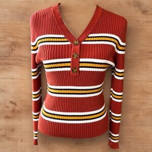 It's Our Time V-Neck Button Up Ribbed Striped Sweater Top EUC